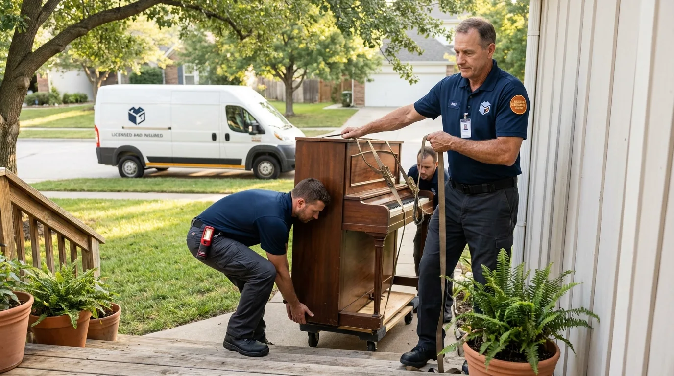 Licensed piano movers securing grand piano in Okolona, MS