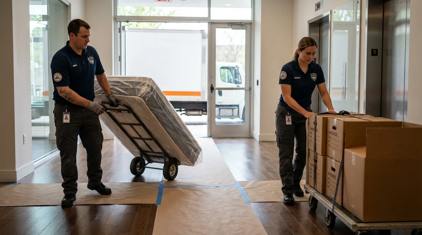Professional apartment movers loading elevator in Okolona, MS