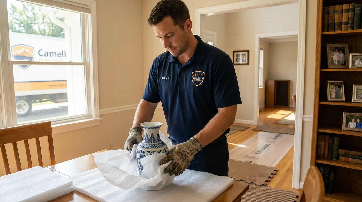 Professional crew carefully wrapping antique vase for senior downsizing move in Okolona, MS